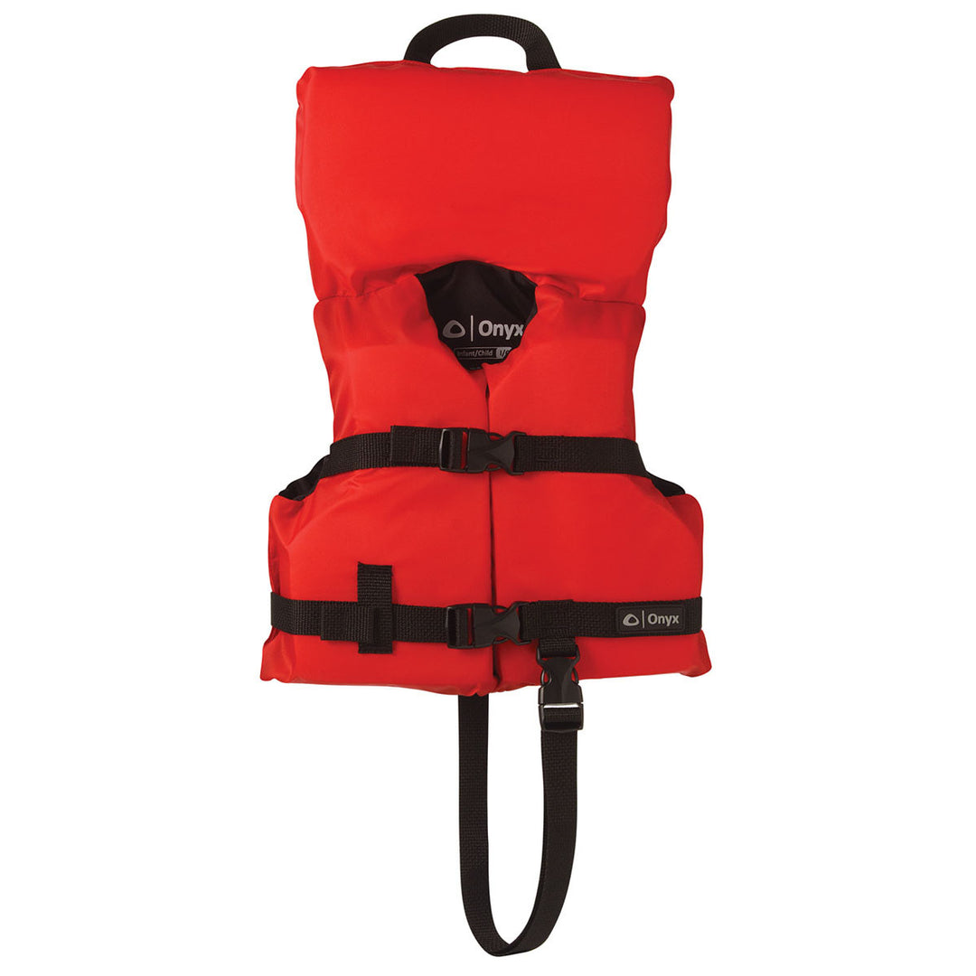 Infant/Child red life jacket with flotation foam, black straps, and top handle.
