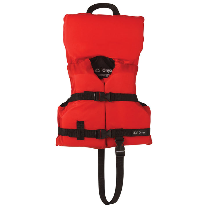Infant/Child red life jacket with flotation foam, black straps, and top handle.