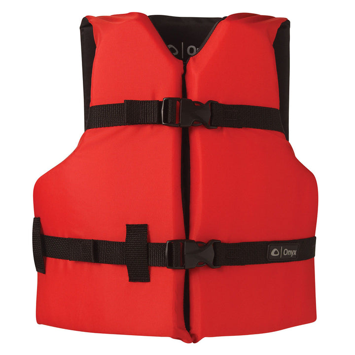 Youth General Purpose Life Jacket: Red with foam, black straps, and adjustable belts.
