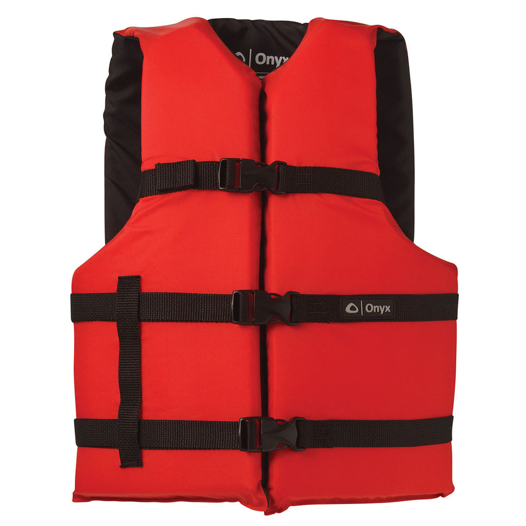Adult General Purpose Life Jacket, red with black adjustable belts, U.S. Coast Guard approved.