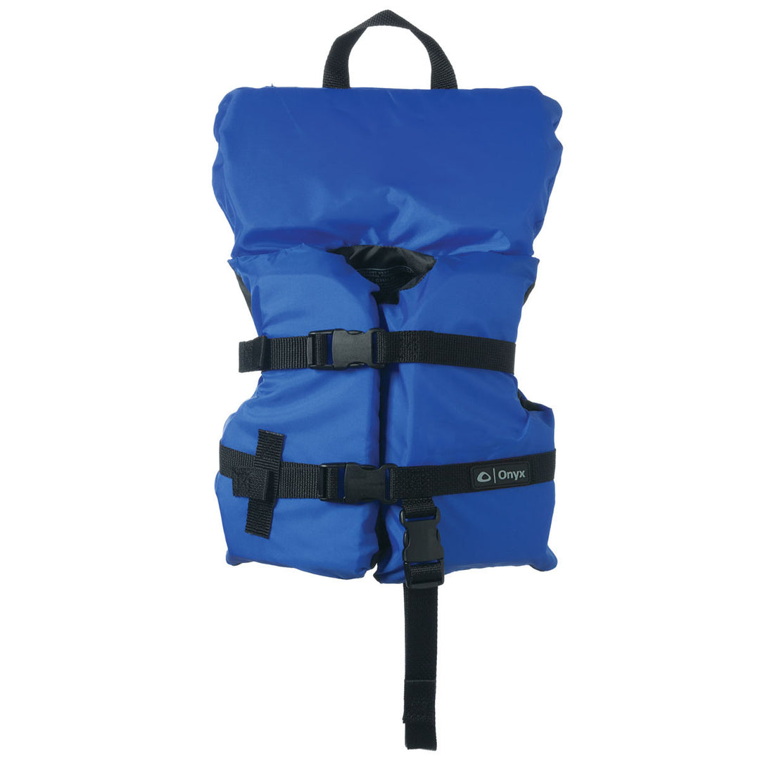 Infant/Child Life Jacket: blue w/ black straps, adjustable belts, flotation foam.