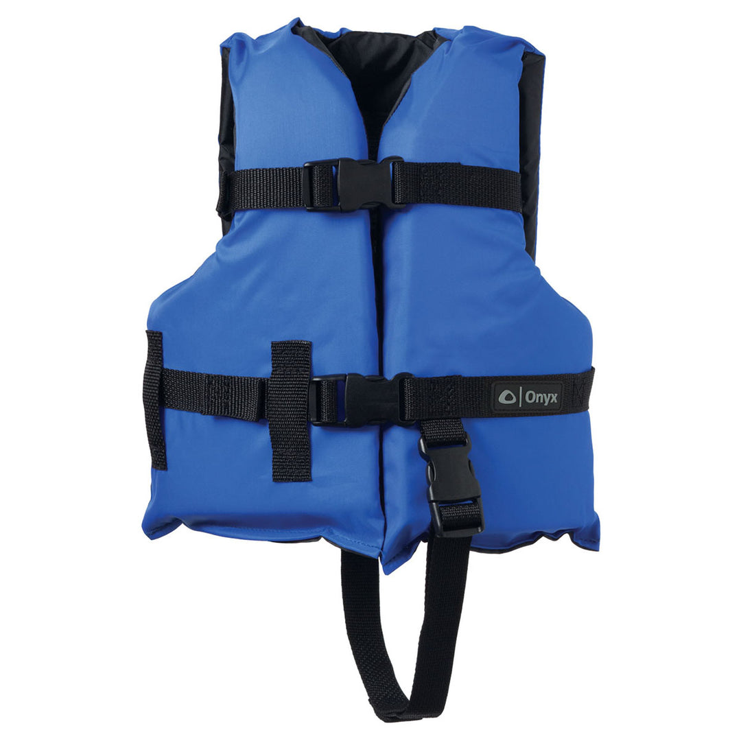 Child General Purpose Life Jacket in blue with black straps, foam, and buckle fastenings.