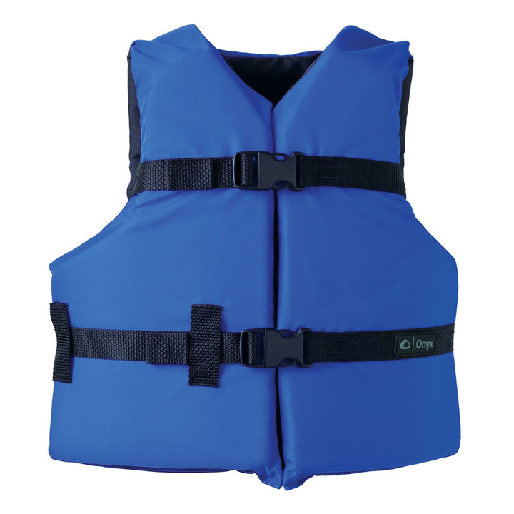 Youth General Purpose Life Jacket: Blue, floats with foam, adjustable belts, black buckle.
