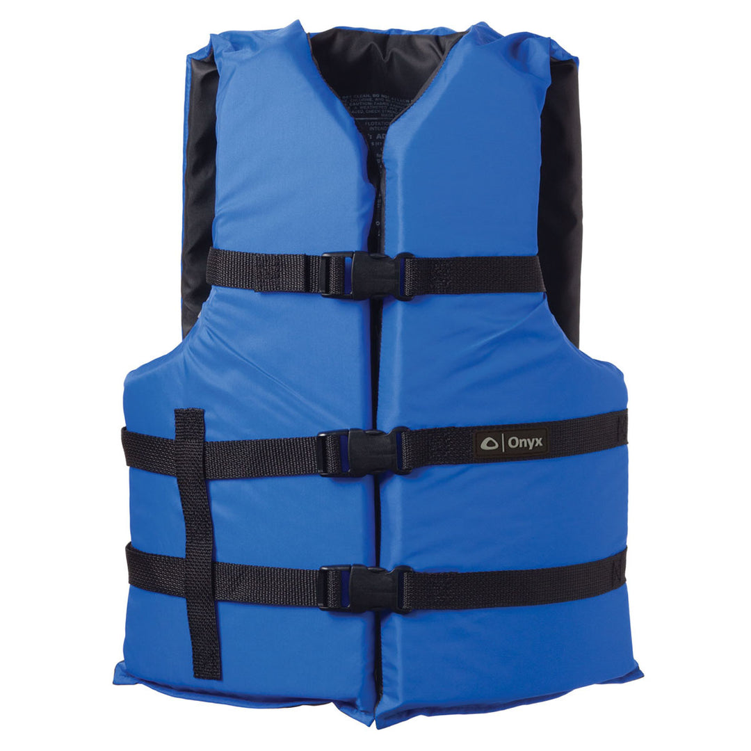 Adult General Purpose Life Jacket: blue with black straps, foam, and adjustable belts.