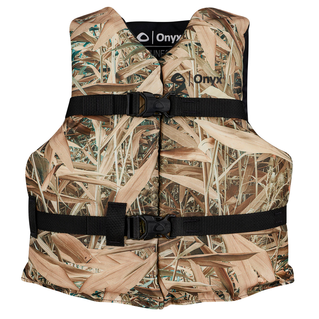 Youth Sport Life Jacket: Camouflage design with black straps, adjustable belts, and buckles.