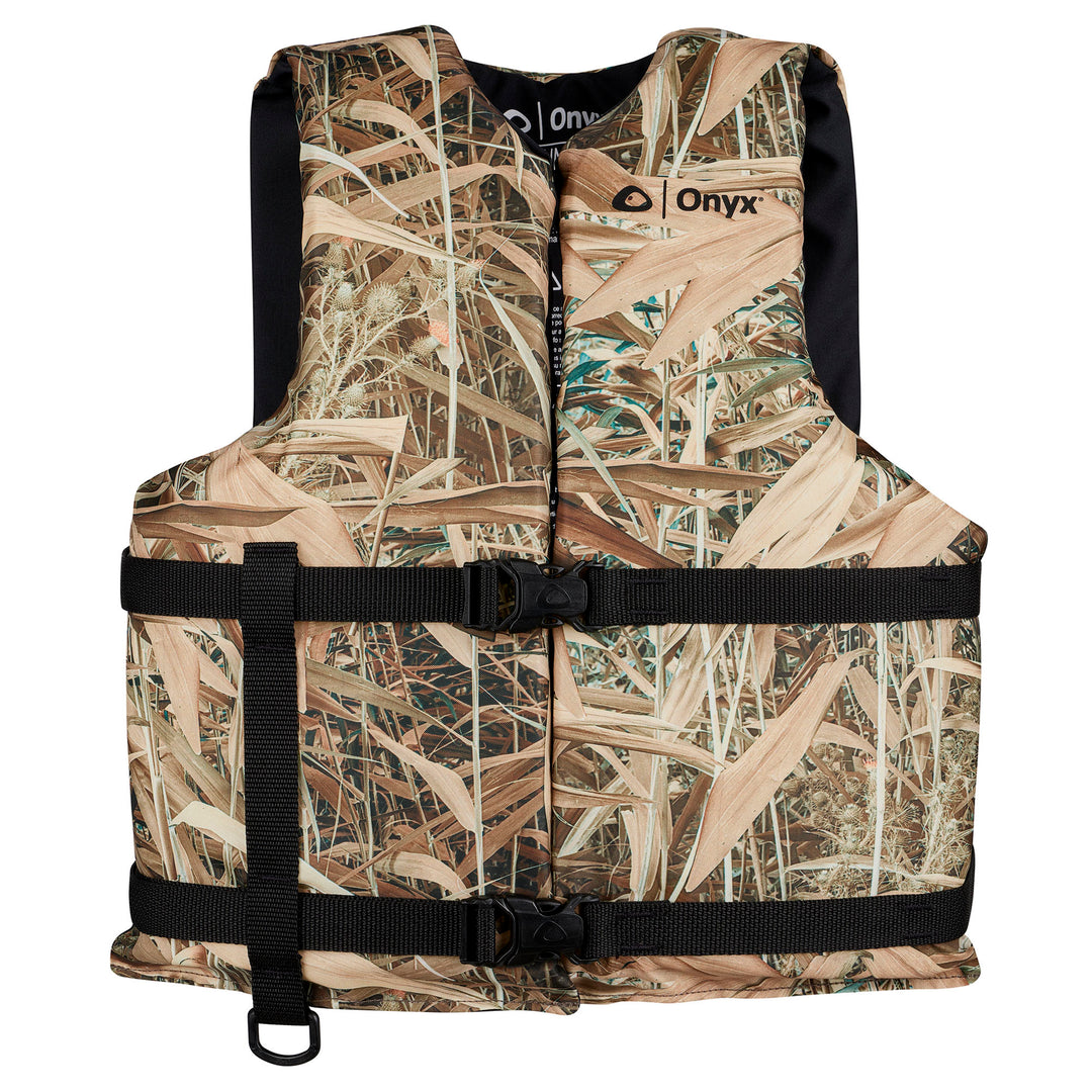 Camouflage-patterned Adult Sport Life Jacket with cargo pocket and adjustable buckles.