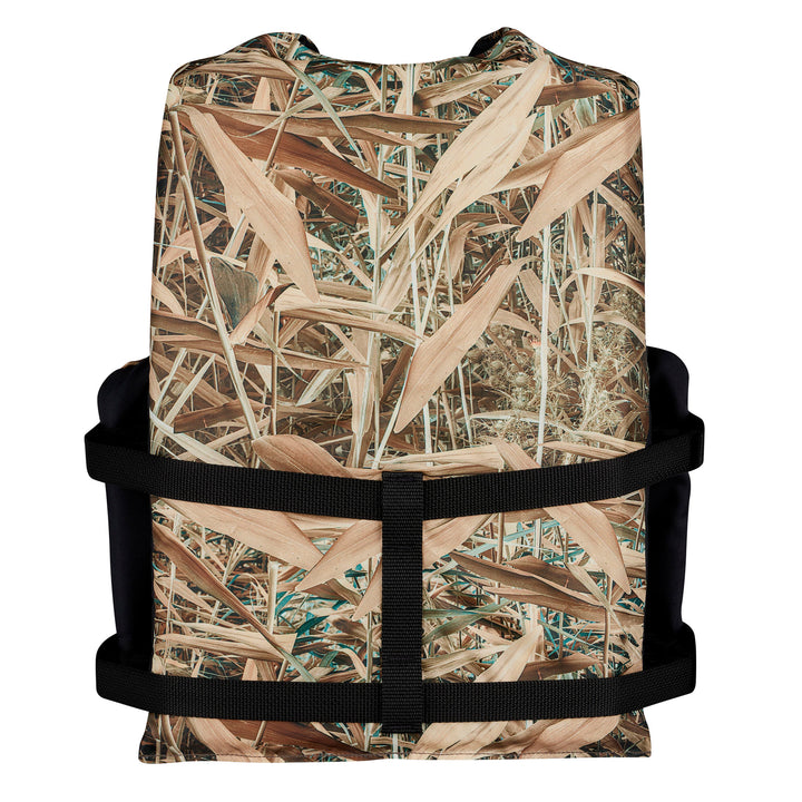 Adult Sport Life Jacket with dry grass camo, black straps, and adjustable belt.