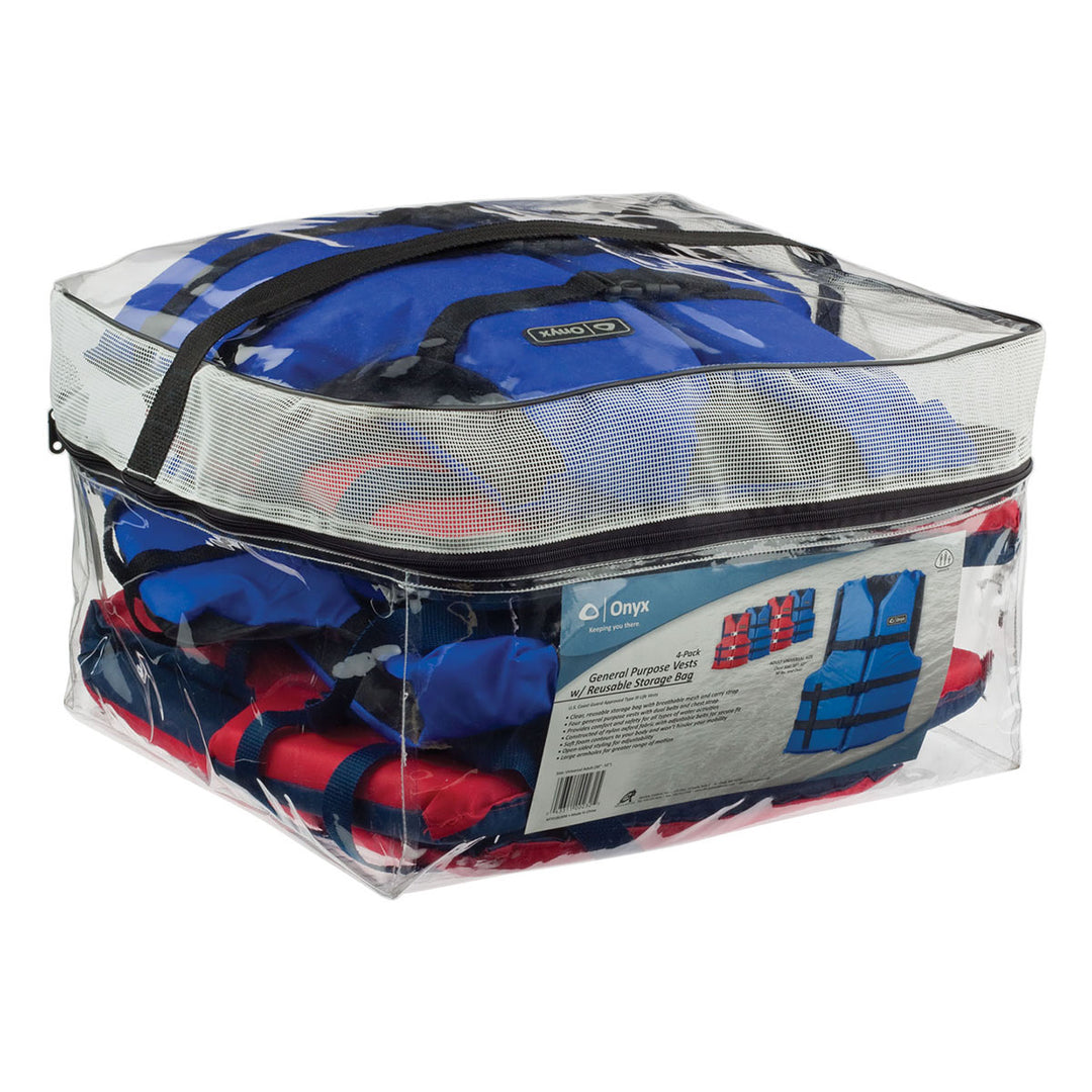 Storage bag with Coast Guard-approved 4-pack Adult General Purpose Life Jackets.