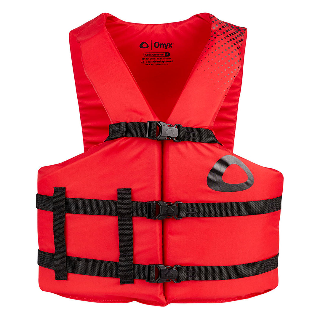 Adult Comfort Life Jacket: Red, black buckles, adjustable belts, flotation foam.