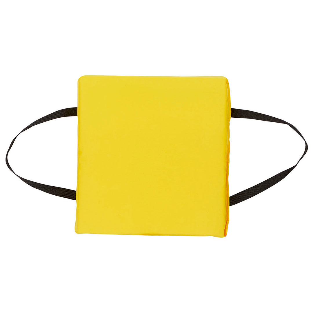 Yellow cushion with rescue straps, flotation foam; Product: Throwable Foam Cushion.