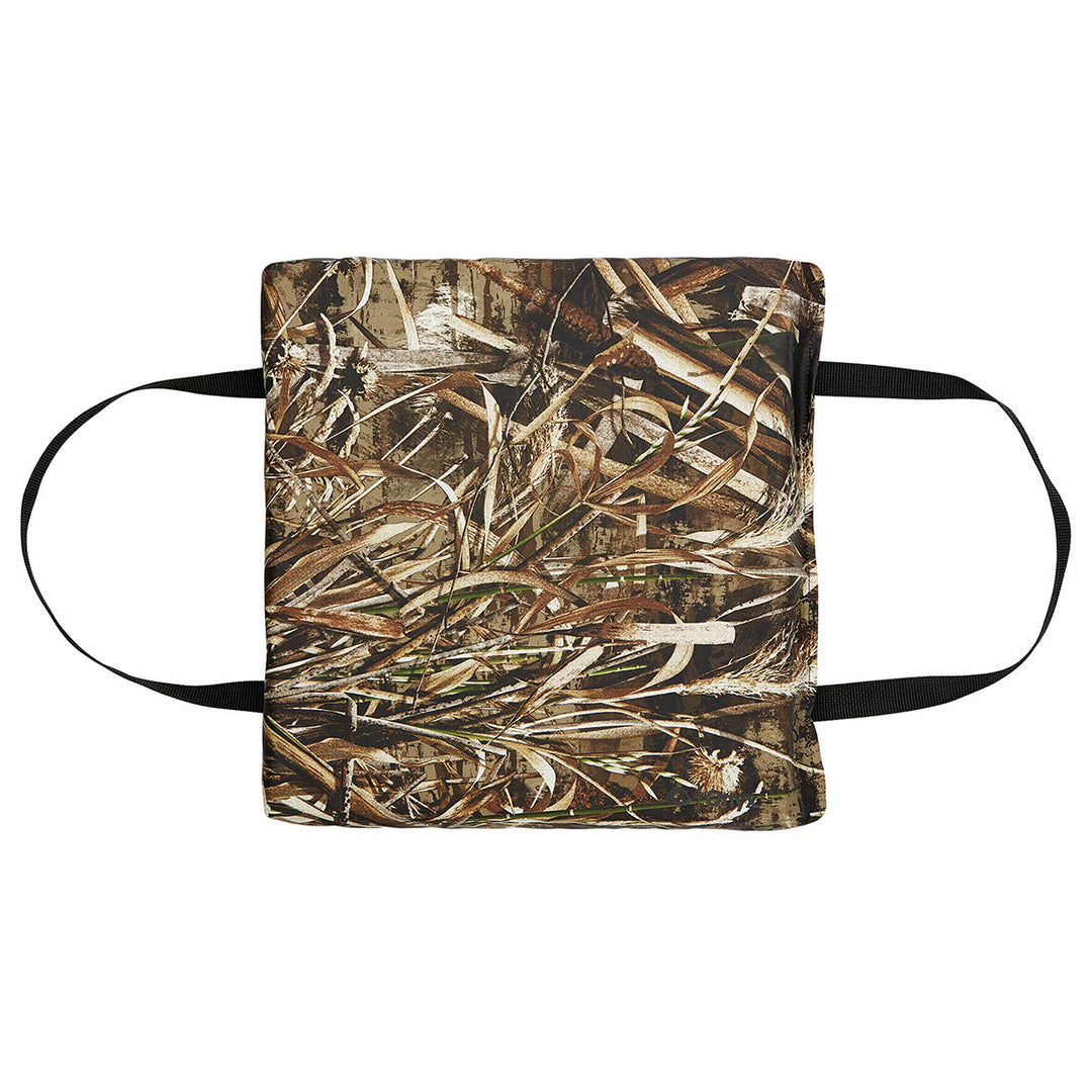Camouflage-patterned Throwable Foam Cushion with Coast Guard approved black ear loops.