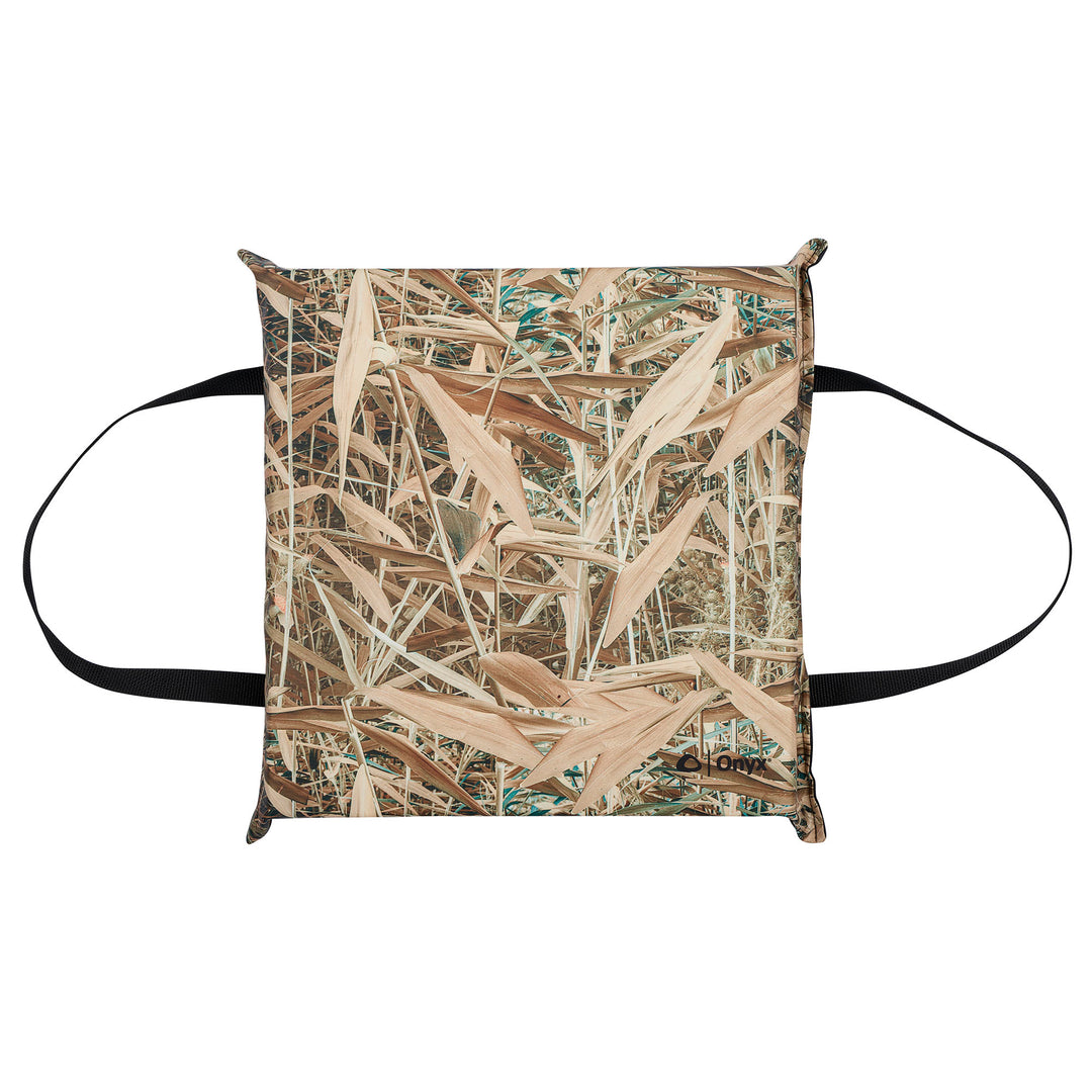 Throwable Foam Cushion with rescue straps, brown leaf pattern, and black handles.