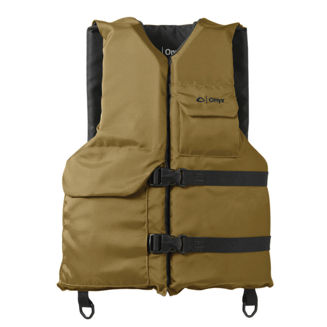 Adult Sport Life Jacket: Brown with black straps, adjustable belts, U.S. Coast Guard approved.