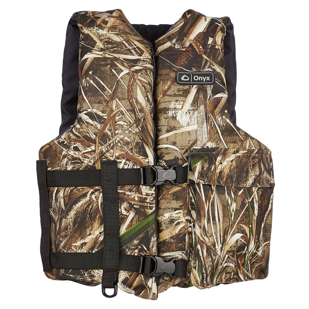 Adult Sport Life Jacket: camo pattern, black straps, adjustable belts, cargo pocket.