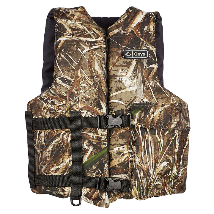 Adult Sport Life Jacket: camo pattern, black straps, adjustable belts, cargo pocket.