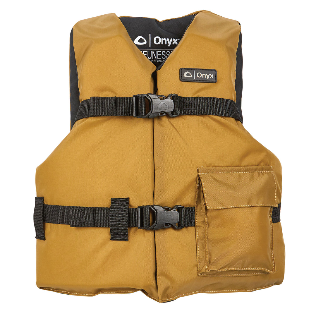 Youth Sport Life Jacket: Brown with adjustable belts and right-side cargo pocket.