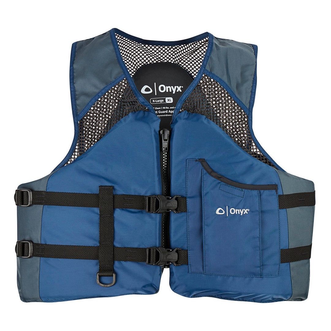 Mesh Classic Sport Life Jacket with black straps, front pocket, Coast Guard approved.