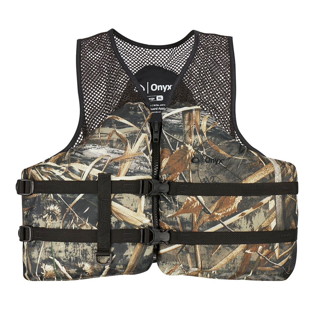 Mesh Classic Sport Life Jacket: camo, black straps, adjustable belts, mesh shoulder panels.