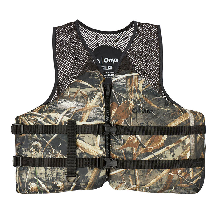 Mesh Classic Sport Life Jacket: camo, black straps, adjustable belts, mesh shoulder panels.