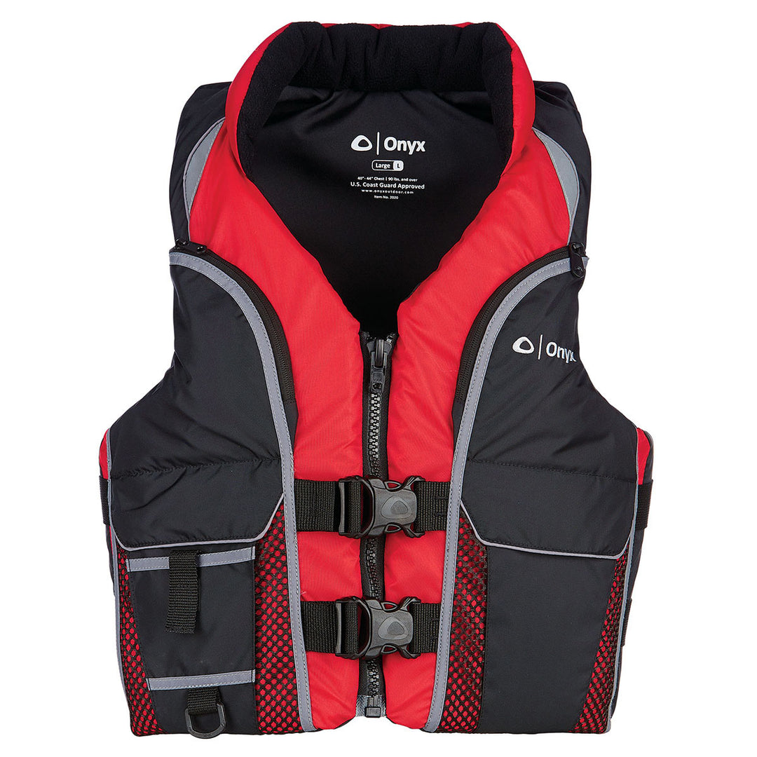 Red/black Adult Select Life Jacket with buckles, reflective material, and Onyx logo.