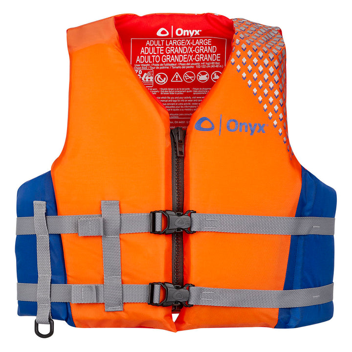 Orange/blue All Adventure Pepin life jacket; gray straps, reflective accents.