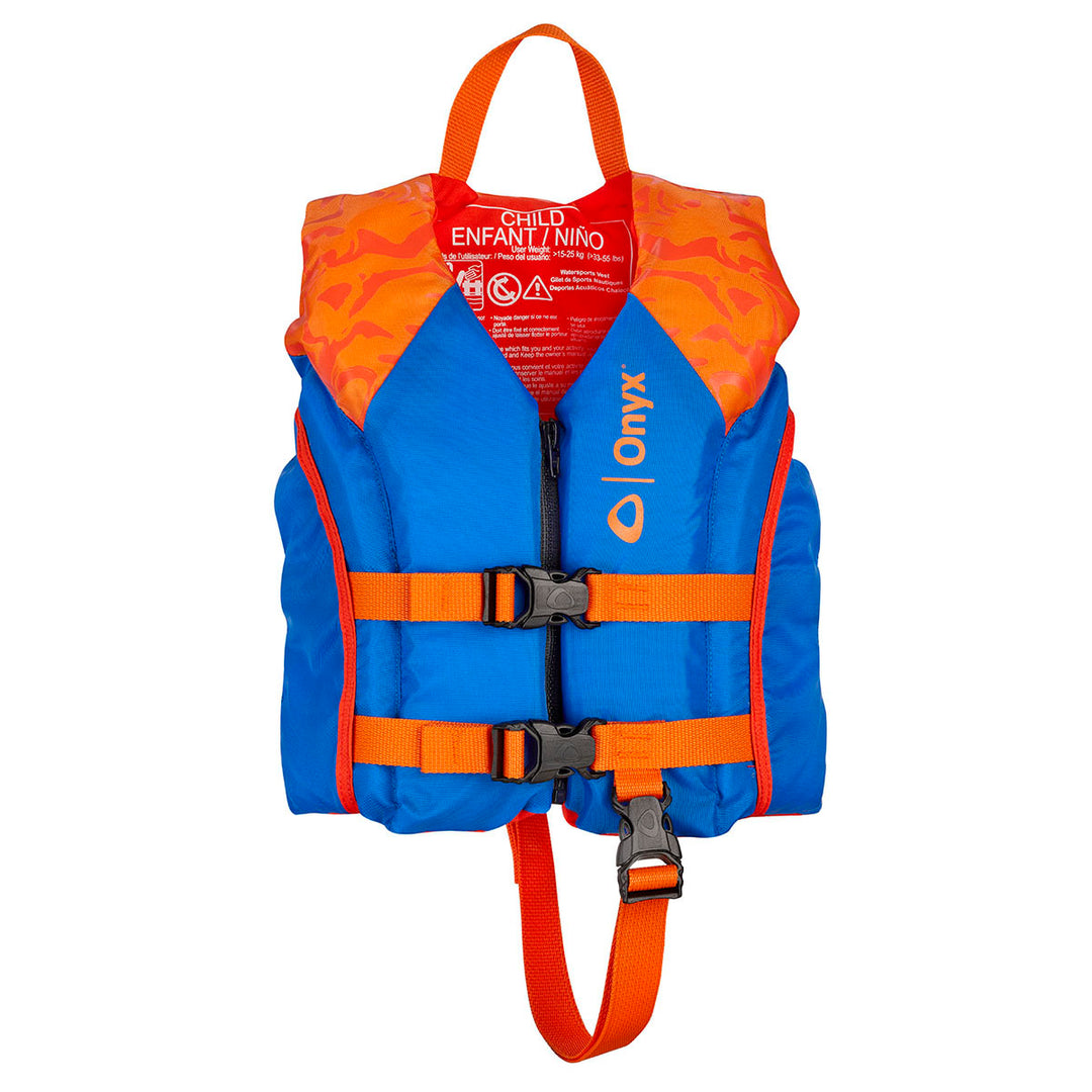 The Child All Adventure Life Jacket is colorful with buckle straps, ideal for kayaking.