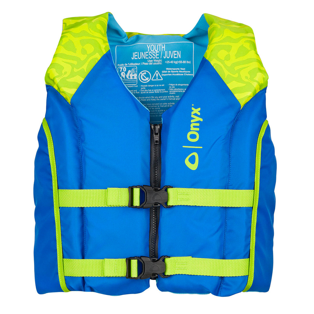 Blue/green youth life jacket, ONYX front, two black buckles.