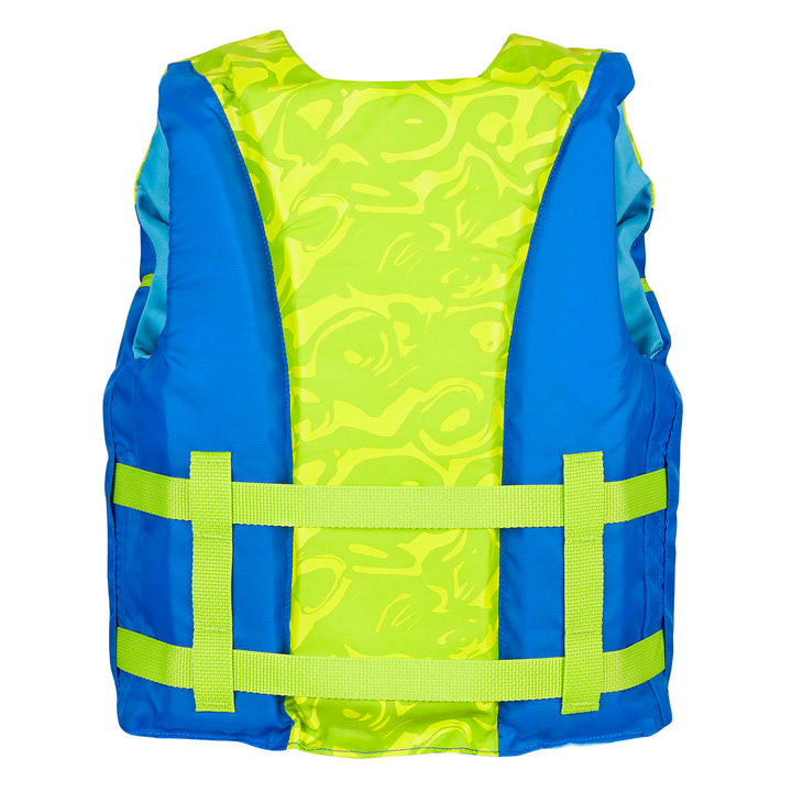 Youth All Adventure Life Jacket in blue/yellow with straps, ideal for kayaking.