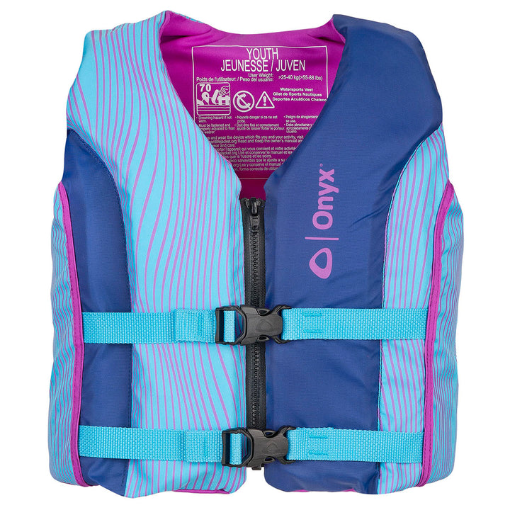 Youth All Adventure Life Jacket, blue/pink with buckle straps, ideal for canoeing.