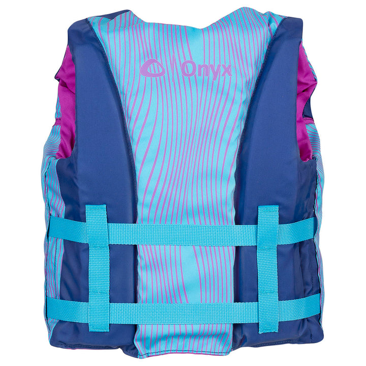 Youth All Adventure Life Jacket: blue/purple with light blue straps, Onyx logo, ideal for canoeing.