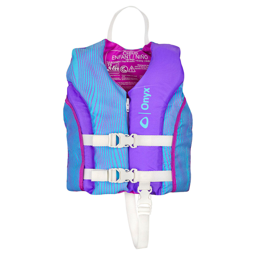 Child All Adventure Life Jacket in purple & turquoise with white buckles, ideal for kayaking.