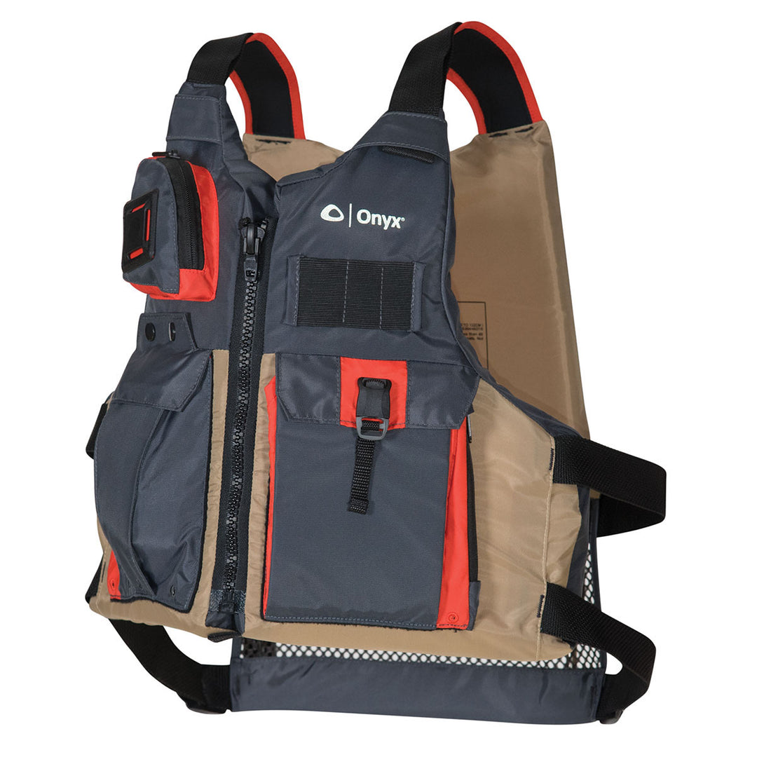 Blue/red Kayak Fishing Life Jacket, high foam back, zipper, U.S. Coast Guard approved.