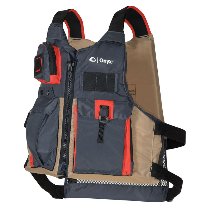 Blue/red Kayak Fishing Life Jacket, high foam back, zipper, U.S. Coast Guard approved.