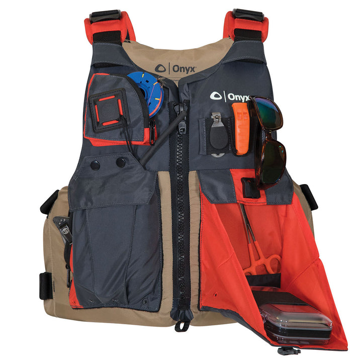 U.S. Coast Guard approved Kayak Fishing Life Jacket with tool & sunglasses pockets.