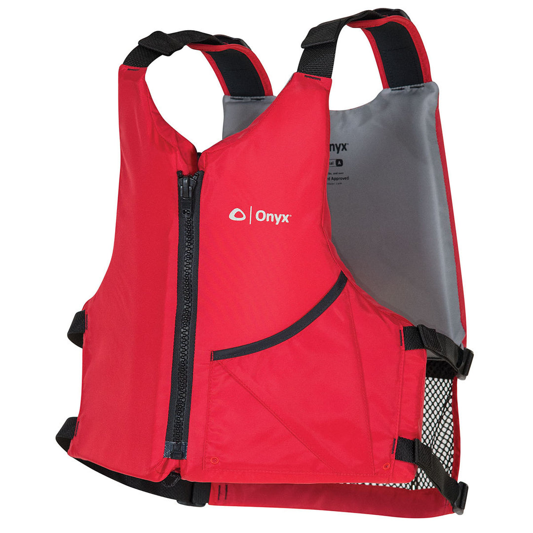 Red Onyx Universal Paddle Life Jacket with black straps and a mesh pocket.