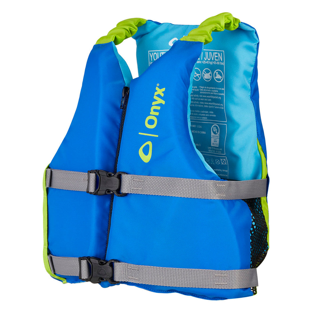Youth Paddle Life Jacket, Coast Guard approved, blue & green with gray adjustable straps for comfort.