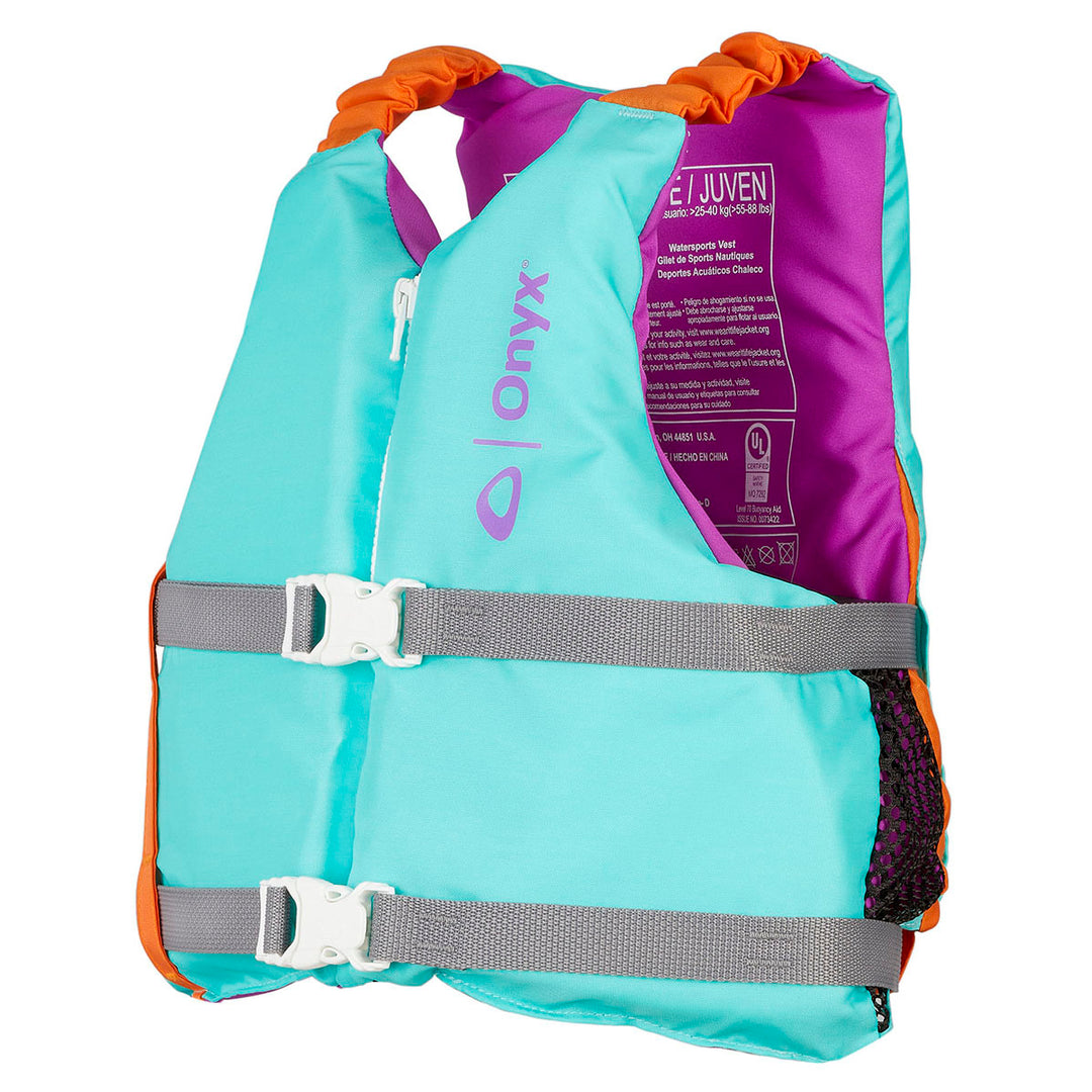 Teal/purple Youth Paddle Life Jacket: Gray straps, white buckle, for paddling comfort.