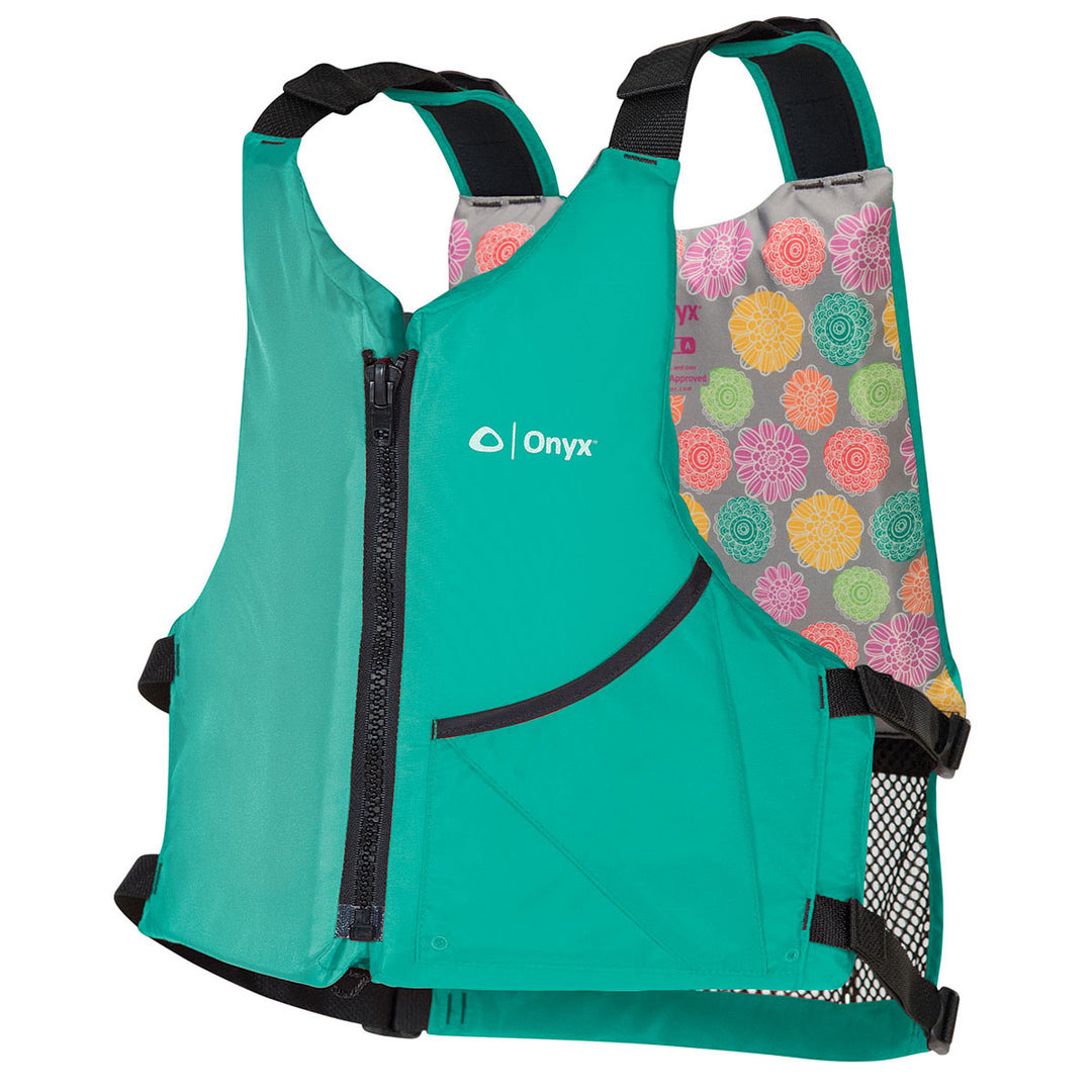 Teal Universal Paddle Life Jacket with floral patterns, black straps, and breathable mesh.