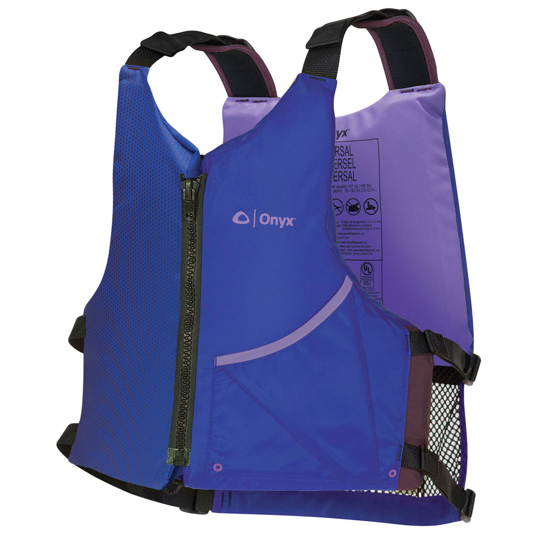 Blue/purple Universal Paddle Life Jacket with black straps and front zipper.