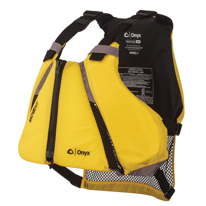MoveVent Curve Life Jacket, yellow/black with adjustable belts and mesh ventilation.