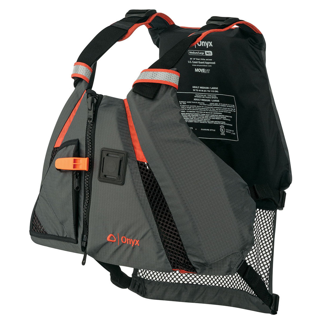 MoveVent Dynamic Life Jacket: Gray/black, red accents, mesh vents, SOLAS reflective material.