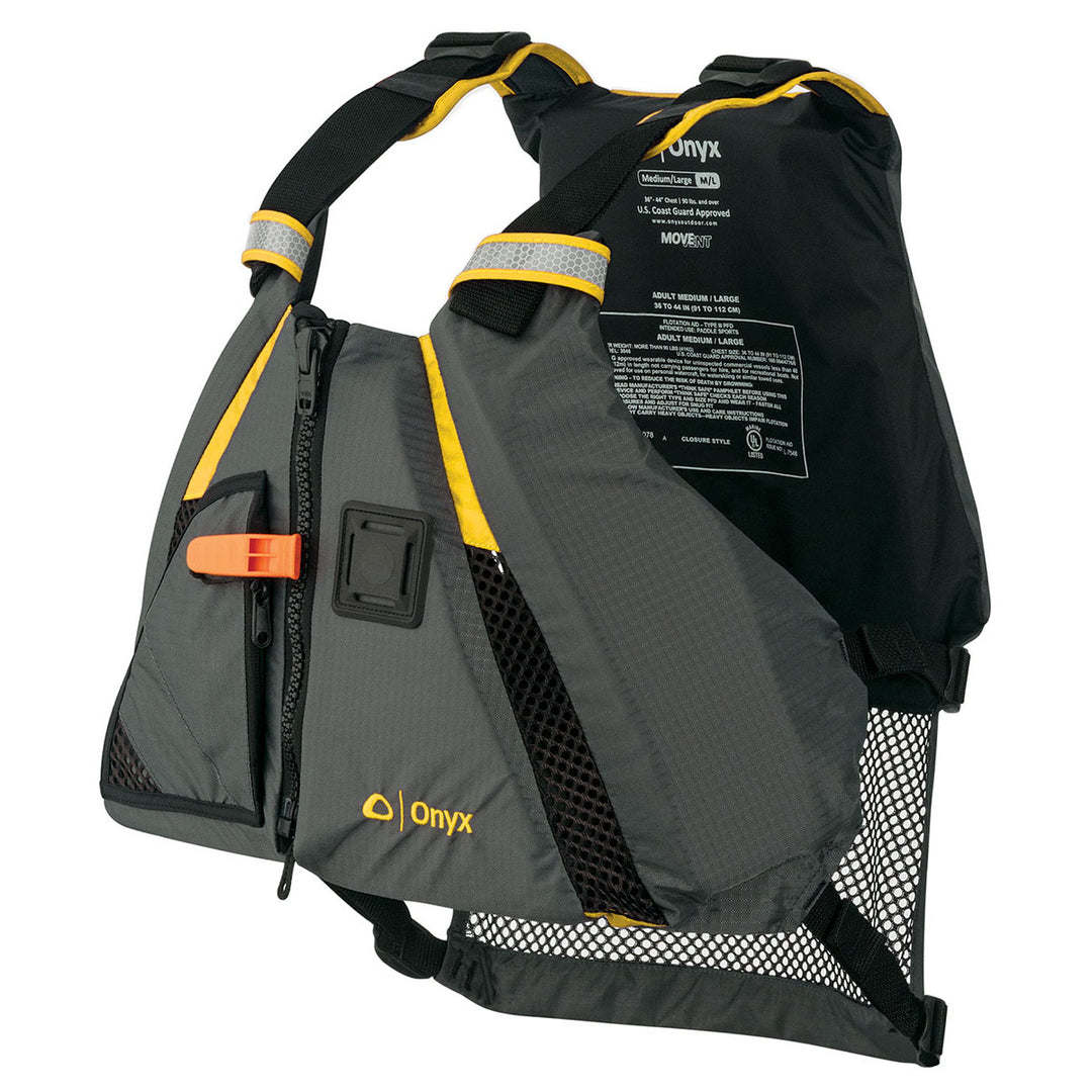 MoveVent Dynamic Life Jacket in gray/yellow with SOLAS reflective material, zippered pocket.