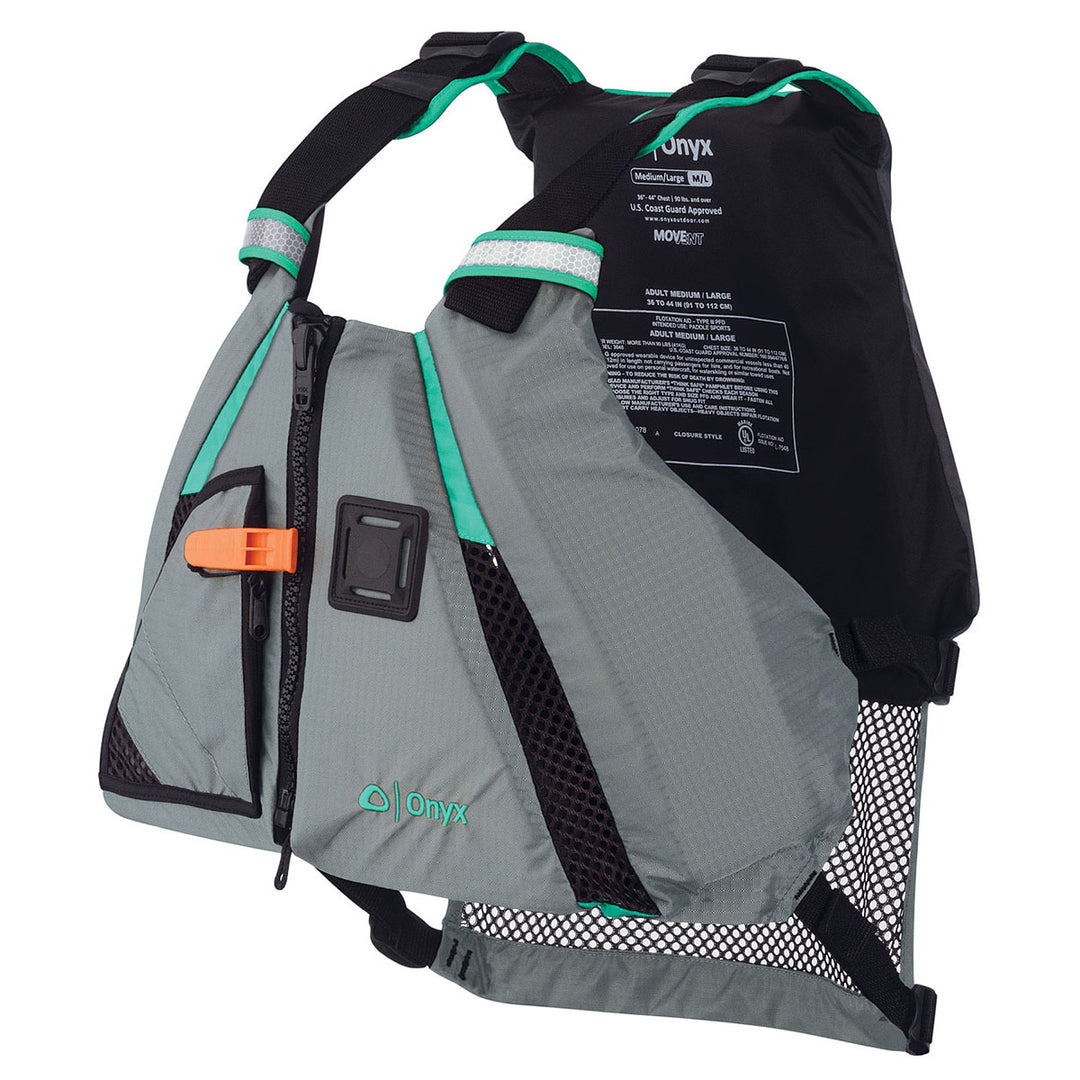 MoveVent Dynamic Life Jacket: Gray, black, green accents, mesh vents, SOLAS reflective material.