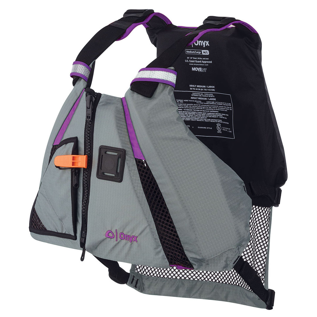 MoveVent Dynamic Life Jacket: Gray/black with purple accents, pocket, SOLAS reflective material.