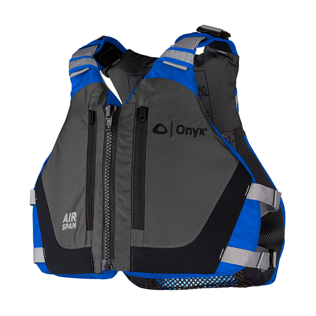 Gray/blue Air Span Breeze life jacket with Onyx logo, USCG approved, black mesh sides.