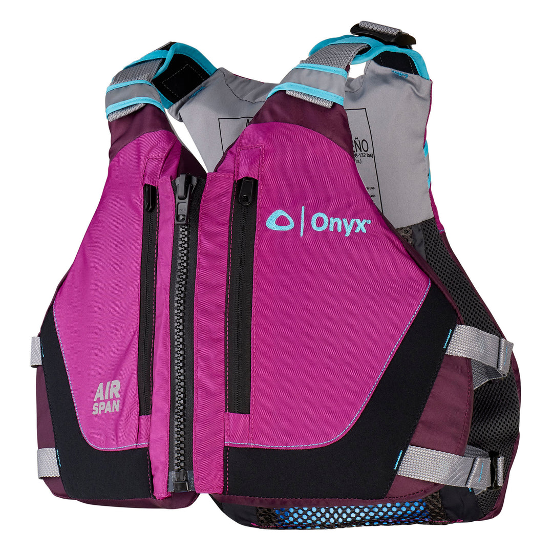 Onyx Air Span Breeze Life Jacket: pink/black, gray straps, adj. side belts, logo on front.