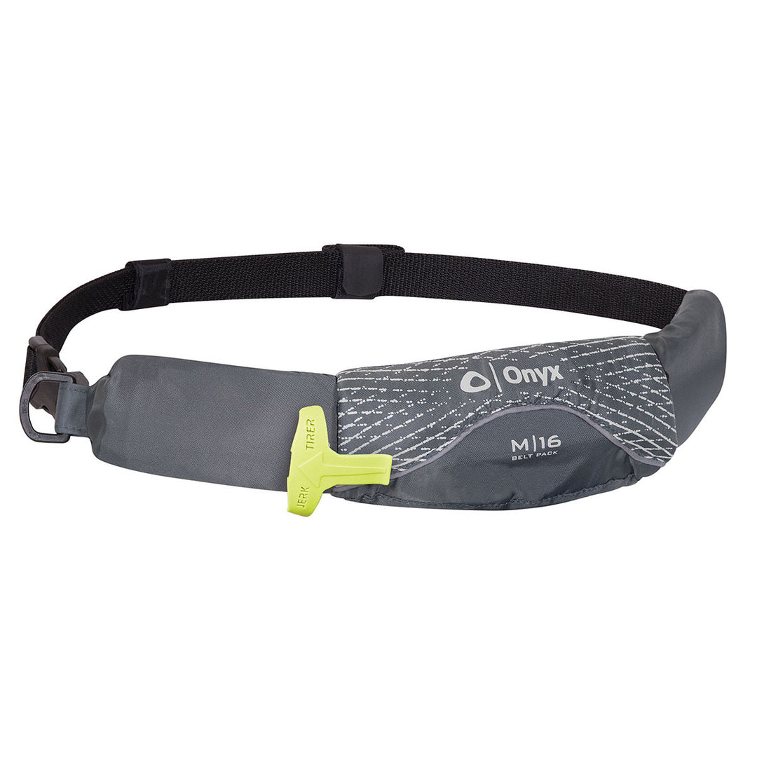 Gray Onyx M-16 Manual Inflatable Belt Pack with a black strap and yellow inflation handle.