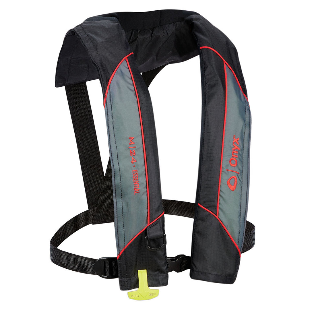 M-24 Essential Manual Life Jacket: Universal size, black/gray with red accents, yellow pull cord.