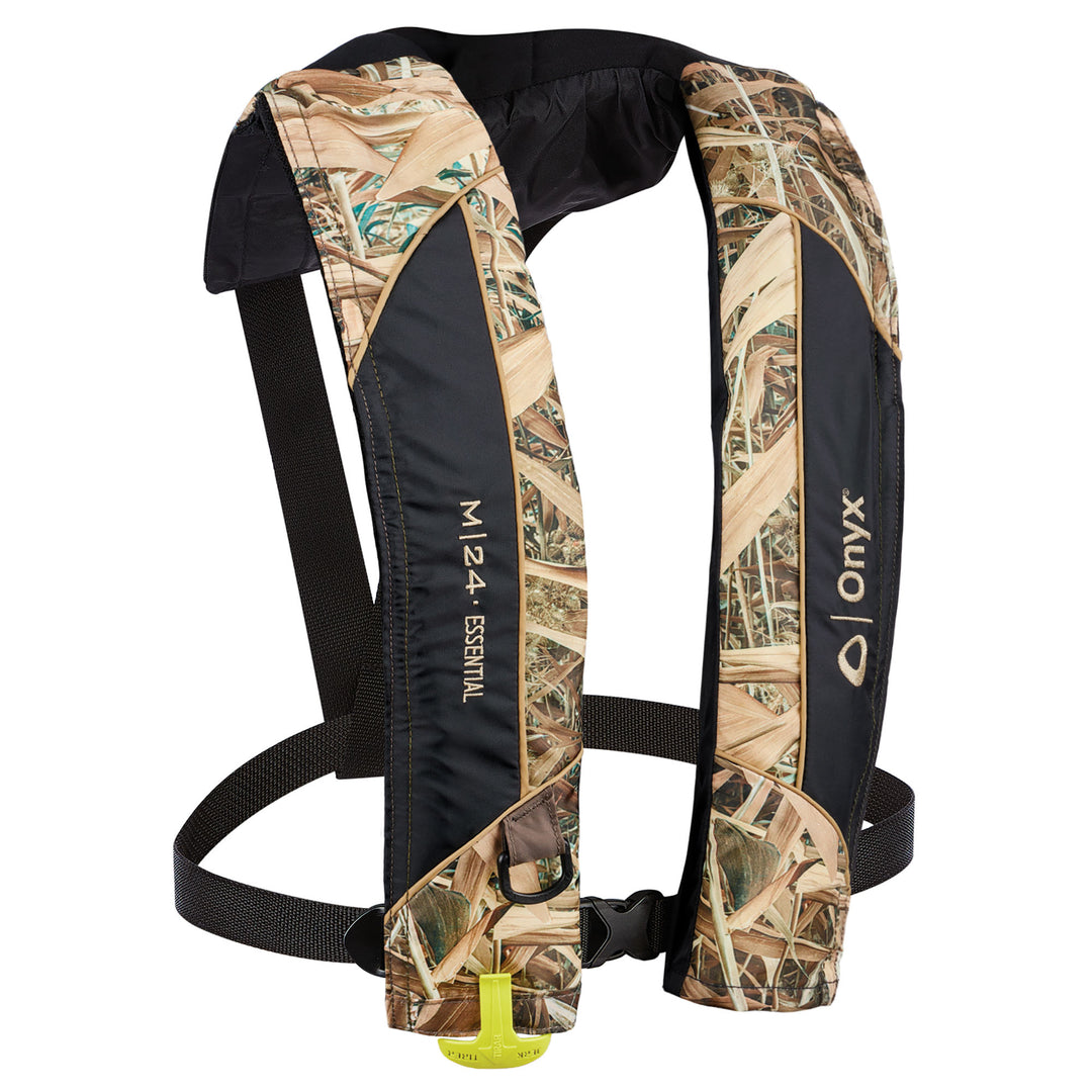 M-24 Essential Manual Inflatable Life Jacket in camo with black accents and adjustable belt.