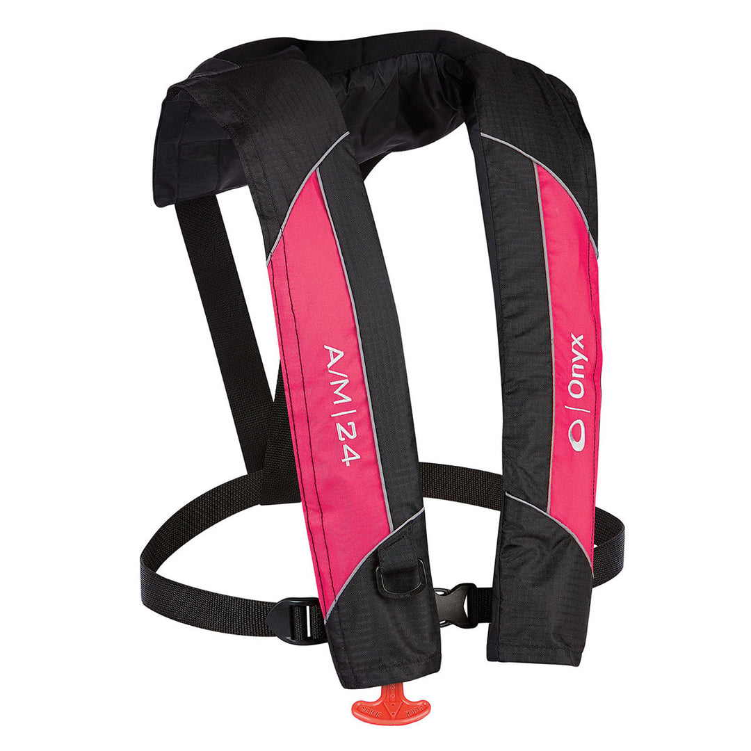 A/M-24 automatic life jacket in red and black, with adjustable straps and a safety whistle.